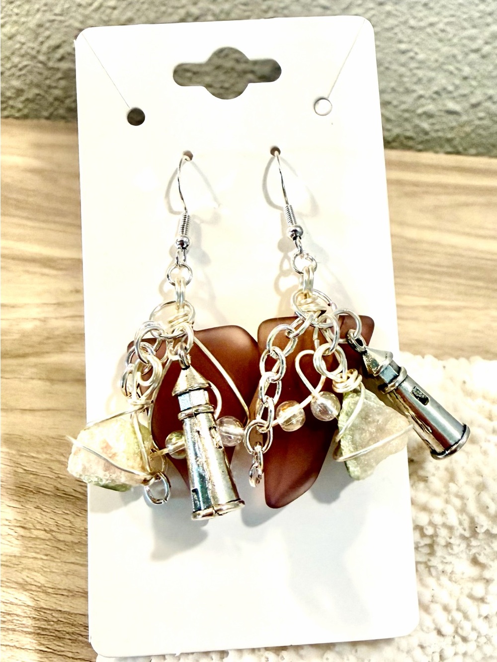 99. Silver Chain Burgundy Sea Glass Dangle Earrings with water tourmaline Charms